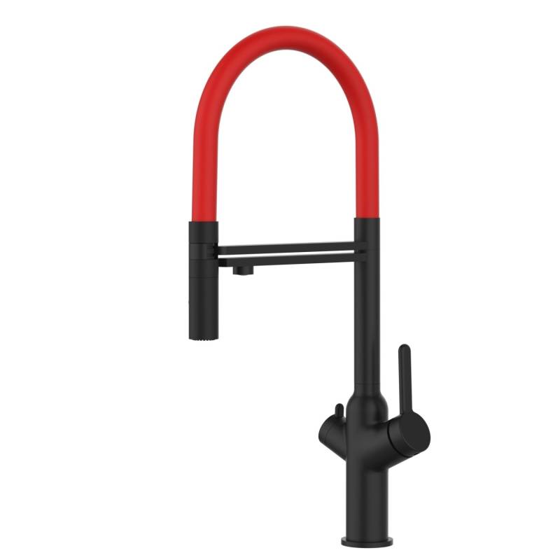 VIZIO 4 Wege Wasserhahn Küchenarmatur BOD mit 360° Schwenkbarem Auslauf Abnehmbare 2 Strahl Handbrause Schwarz Matt   Rot von Vizio