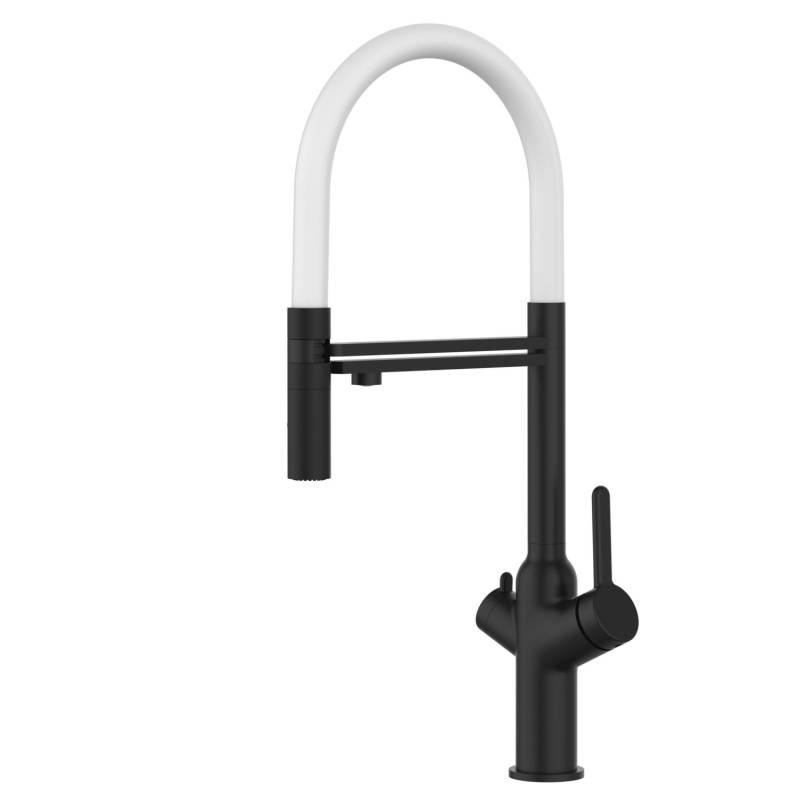 VIZIO 4 Wege Wasserhahn Küchenarmatur BOD mit 360° Schwenkbarem Auslauf Abnehmbare 2 Strahl Handbrause Schwarz Matt   Weiß von Vizio