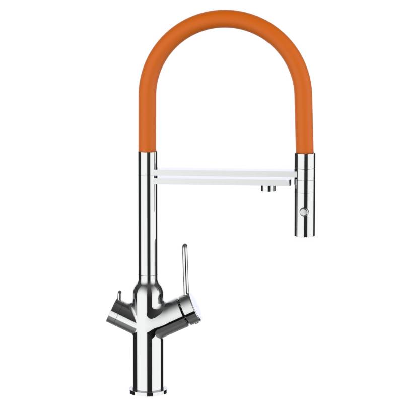VIZIO 4 Wege Wasserhahn Küchenarmatur BOD mit 360° Schwenkbarem Auslauf Abnehmbare 2 Strahl Handbrause Verchromt   Orange von Vizio