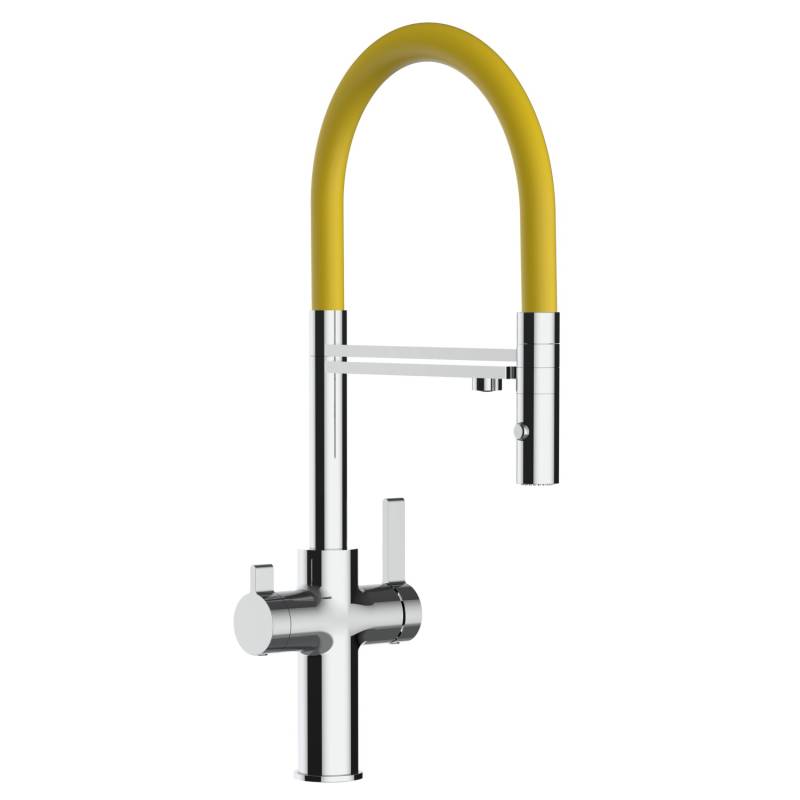 VIZIO 4 Wege Wasserhahn Küchenarmatur FC mit 360° Schwenkbarem Auslauf Abnehmbare 2 Strahl Handbrause Verchromt   Gelb von Vizio
