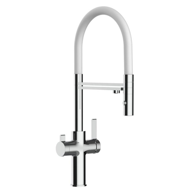 VIZIO 4 Wege Wasserhahn Küchenarmatur FC mit 360° Schwenkbarem Auslauf Abnehmbare 2 Strahl Handbrause Verchromt   Weiß von Vizio
