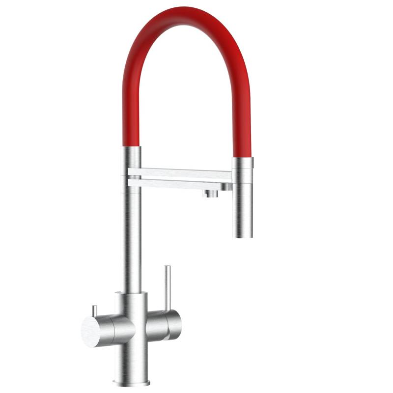 VIZIO 5 Wege Wasserhahn Küchenarmatur Edelstahl Massiv mit 360° Schwenkbarem Auslauf Abnehmbare 2 Strahl Handbrause Gebürstet   Rot von Vizio