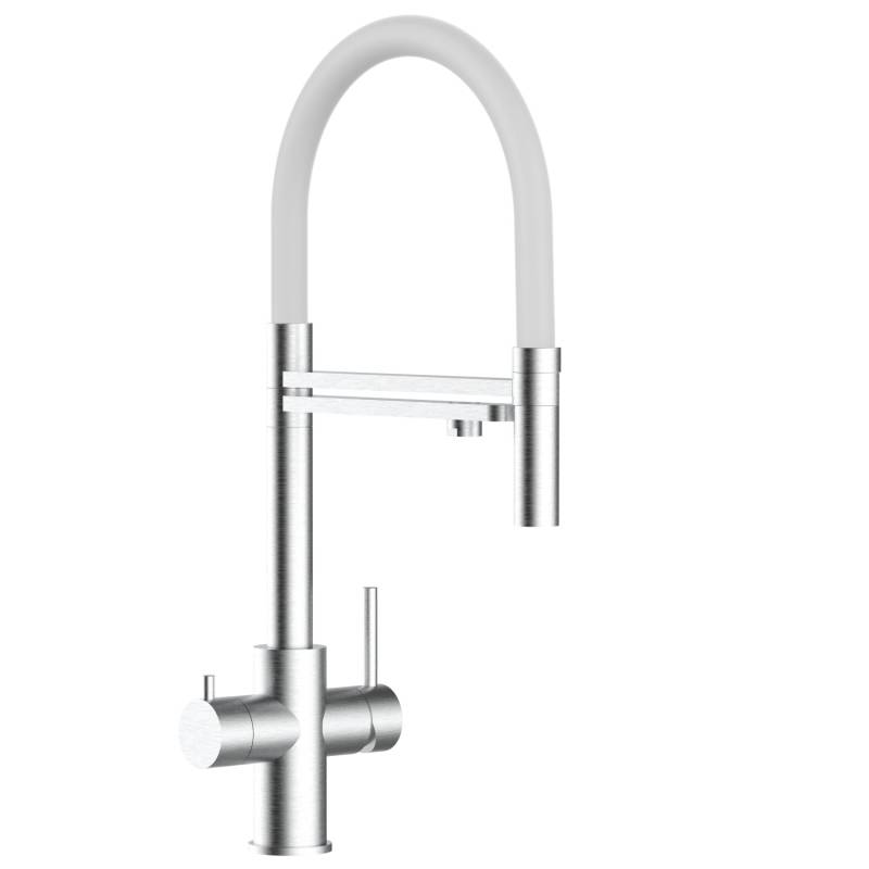 VIZIO 5 Wege Wasserhahn Küchenarmatur Edelstahl Massiv mit 360° Schwenkbarem Auslauf Abnehmbare 2 Strahl Handbrause Gebürstet   Weiß von Vizio