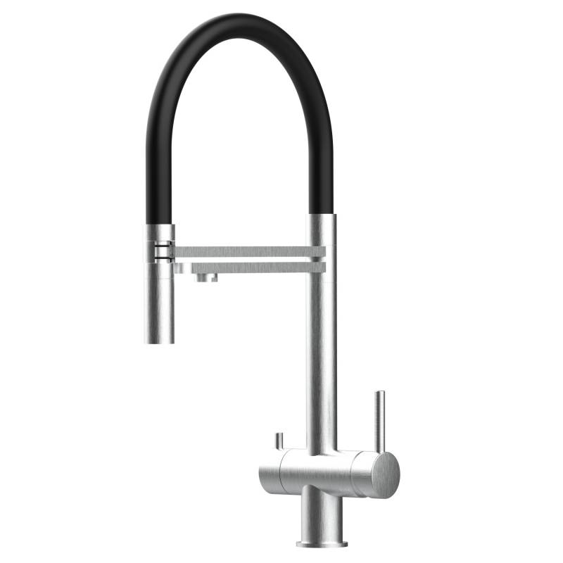 VIZIO NIEDERDRUCK 3 Wege Wasserhahn Küchenarmatur Edelstahl Massiv mit 360° Schwenkbarem Auslauf Abnehmbare 2 Strahl Handbrause Gebürstet   Schwarz von Vizio