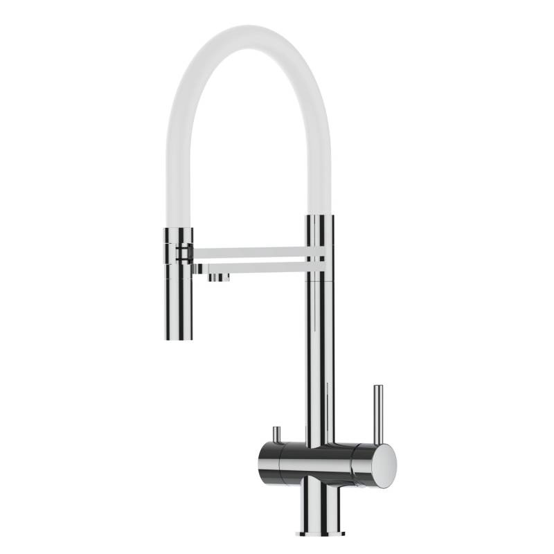 VIZIO NIEDERDRUCK 3 Wege Wasserhahn Küchenarmatur Edelstahl Massiv mit 360° Schwenkbarem Auslauf Abnehmbare 2 Strahl Handbrause Hochglanz   Weiß von Vizio