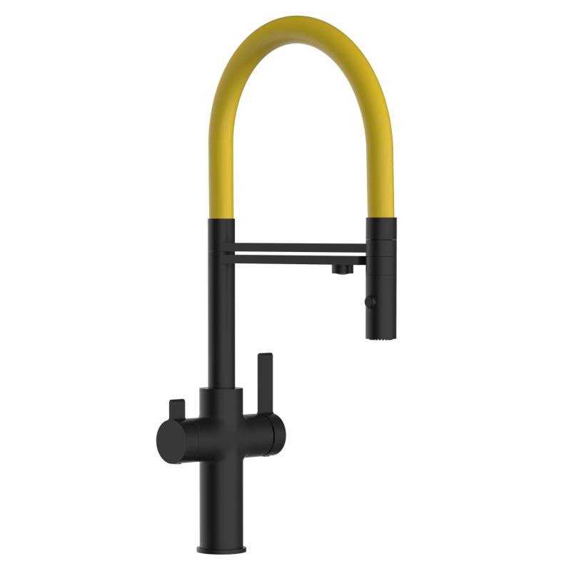 VIZIO NIEDERDRUCK 3 Wege Wasserhahn Küchenarmatur FC mit 360° Schwenkbarem Auslauf Abnehmbare 2 Strahl Handbrause Schwarz Matt   Gelb von Vizio