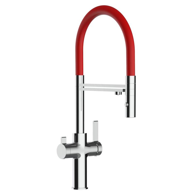 VIZIO NIEDERDRUCK 3 Wege Wasserhahn Küchenarmatur FC mit 360° Schwenkbarem Auslauf Abnehmbare 2 Strahl Handbrause Verchromt   Rot von Vizio