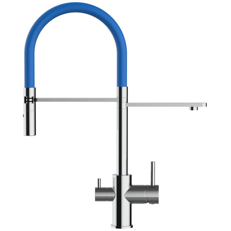 VIZIO NIEDERDRUCK 3 Wege Wasserhahn Küchenarmatur FL mit 360° Schwenkbarem Auslauf Abnehmbare 2 Strahl Handbrause Verchromt   Blau von Vizio