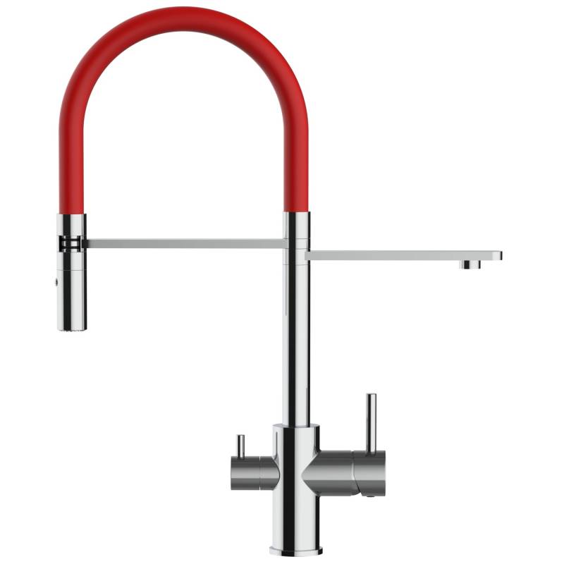 VIZIO NIEDERDRUCK 3 Wege Wasserhahn Küchenarmatur FL mit 360° Schwenkbarem Auslauf Abnehmbare 2 Strahl Handbrause Verchromt   Rot von Vizio