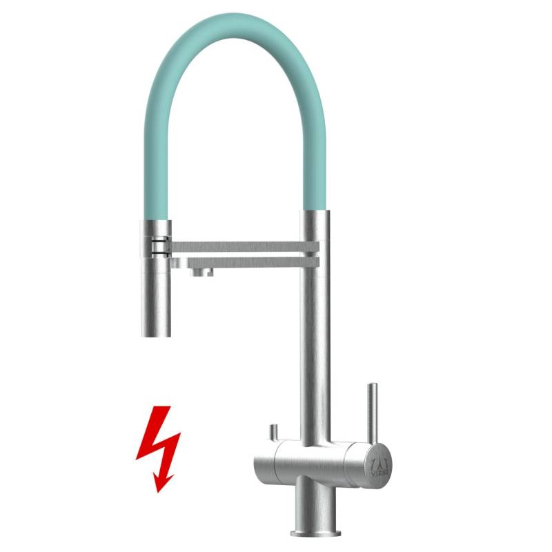 VIZIO Niederdruck 3 Wege Wasserhahn Küchenarmatur Edelstahl Massiv mit 360° Schwenkbarem Auslauf Abnehmbare 2 Strahl Handbrause Gebürstet   Türkis von Vizio