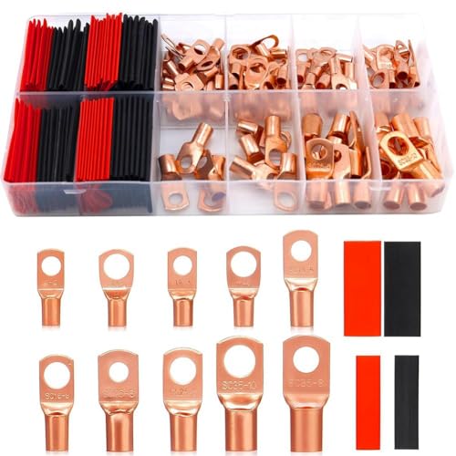 Vjsujehgy 160 Stück Batterieklemmen Set AWG 2 4 6 8 10 12 Drahtverbinder-Kit mit Schrumpfschläuchen, Kupferkabelschuhen von Vjsujehgy