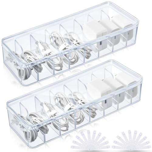 Vjsujehgy 2-Teilige Kabelaufbewahrungsbox mit Kabelbindern, Transparente Kabelaufbewahrungsbox Ohne Deckel, Organizer für Schreibtisch-Organizer im Home-Office, Einfache Installation von Vjsujehgy