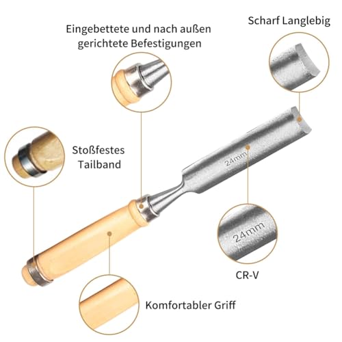 Vjsujehgy 4er-Set Holzmeißel-Set, Rund-, Gebogene Meißel-Set, V Stahl Halbrunde 6 mm/12 mm/18 mm/24 mm für Heimwerkerarbeiten von Vjsujehgy