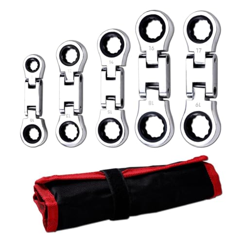 Vjsujehgy 5-Teiliger Stubby-Ratschenschlüsselsatz mit Flexiblem Kopf, Metrische Kombination, SAE, 72 Zähne, Vernickelt, mit Rolltasche von Vjsujehgy
