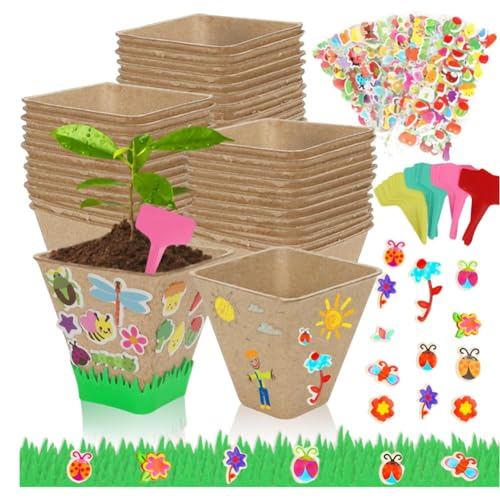 Vjsujehgy 50er-Set Garten-Papiertöpfe, Bastelset, Wie Abgebildet, DIY-Zubehör, 50 Stück Pappmaché-Töpfe, Torfpflanztöpfe mit 20 Stück Schaumstoffaufklebern und 50 Stück Topfetiketten von Vjsujehgy