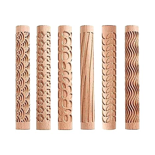 Vjsujehgy 6-Teiliges -Ton-Modellier-Musterrollen-Set, Ton-Nudelholz, Strukturierter Handroller, Holzgriff, Töpferwerkzeug-Set, Langlebig, Einfach zu Bedienen von Vjsujehgy