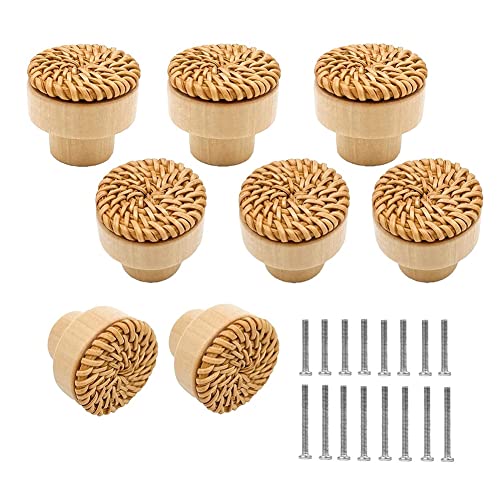 Vjsujehgy 8Er-Pack Boho-Rattan-KnäUfe für Kommodenschubladen, SchrankknöPfe für Korbdekor, Boho-Rattan-Schubladengriffe (NatüRlich) von Vjsujehgy
