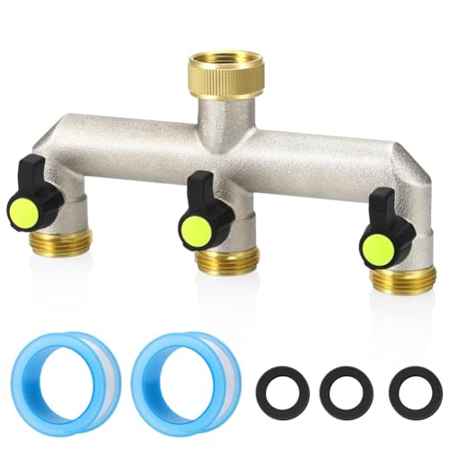 Vjsujehgy Gartenschlauch-Verteiler Aus Messing - 3-Wege-Wasserschlauch-Verteiler für Hohe Beanspruchung, Wasserhahn-Verteiler für Den Außenbereich mit Absperrventilen, 3/4 von Vjsujehgy