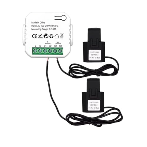 Vjsujehgy Tuya Smart ZigBee Energiezähler, 2-Wege, Bidirektional, mit Stromsensor-Klemme, App-Überwachung der Leistung 100–240 VAC, 2 Kanäle, 2 CT, Einfache Installation von Vjsujehgy