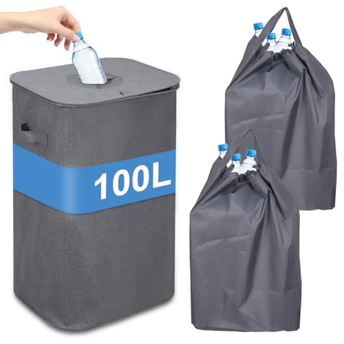 Vkechh 100L Pfandflaschen Sammelbehälter mit Deckel & 2X Tragetasche,Grau Behälter Leergut & Altglas Aufbewahrung, Robuster Flaschensammler für Küche von Vkechh