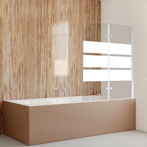 Vkechh Duschtrennwand für Badewanne, 100x140cm 2-Teilig Faltbar Duschwand Badewanne,mit 6mm ESG Sicherheitsglas,Badewanne Duschwand Weiße Streifen,Glas Badewannenwand mit Badewannenaufsatz von Vkechh