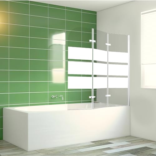 Vkechh Duschwand für Badewanne, 120x140cm 3-Teilig Faltbar Duschwand Badewanne,mit 6mm ESG Sicherheitsglas,Badewannen Duschwand Weiße Streifen,Glas Badewannenwand,mit Badewannenaufsatz von Vkechh