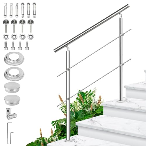 Vkechh Edelstahl Handlauf Geländer für Treppen Außen & Innen 120 cm Ø42mm mit 2 Querstreben und Zubehör, Treppengeländer Winkelverstellbar für Garten Hauseingang Brüstung Balkon von Vkechh