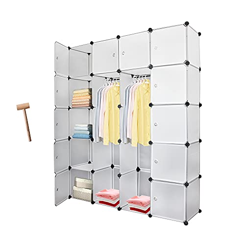 Vkechh Kleiderschrank, Tragbarer Regalsystem, 20 Würfel DIY Regalsystem Kleiderschrank Offen Kunststoff Garderobe mit Türen Garderobenschrank Weiß 180 x 142 x 37CM von Vkechh