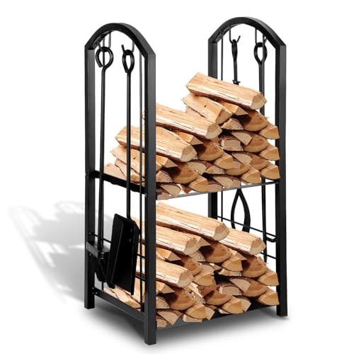 Vkechh Zweischichtiges Brennholzregal Innen Metall Kaminholzständer Schwarz Inklusive 4 Kaminwerkzeuge, Ideal für Innen- und Außengebrauch, Großes Lagerregal für Holzscheite Vkechh Zweischichtiges Brennholzregal Innen Metall Kaminholzständer Schwarz Inklusive 4 Kaminwerkzeuge, Ideal für Innen- und Außengebrauch, Großes Lagerregal für Holzscheite von Vkechh