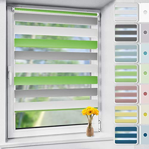 Vkele Doppelrollo Klemmfix, Rollos für Fenster ohne Bohren, 105x140cm(BxH) Grün-Grau-Weiß, Duo Rollo Klemmrollo Fensterrollo Sonnenschutzrollo Easyfix, lichtdurchlässig & verdunkelnd von Vkele