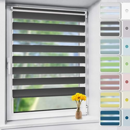 Vkele Doppelrollo Klemmfix ohne Bohren, 50x140cm(BxH) Anthrazit, Duo Rollo Zebrarollo Fensterrollo für Fenster und Tür, Lichtdurchlässig Verdunkelnd, Seitenzugrollo Sonnenschutz Sichtschutz von Vkele