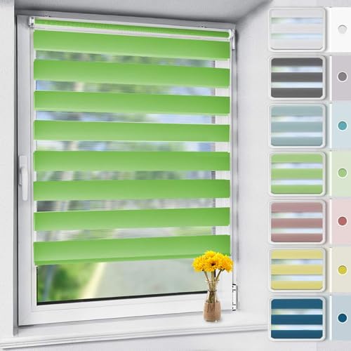 Vkele Doppelrollo Klemmfix ohne Bohren, 70x120cm(BxH) Grün, Duo Rollo Zebrarollo Fensterrollo für Fenster und Tür, Lichtdurchlässig Verdunkelnd, Seitenzugrollo Sonnenschutz Sichtschutz von Vkele