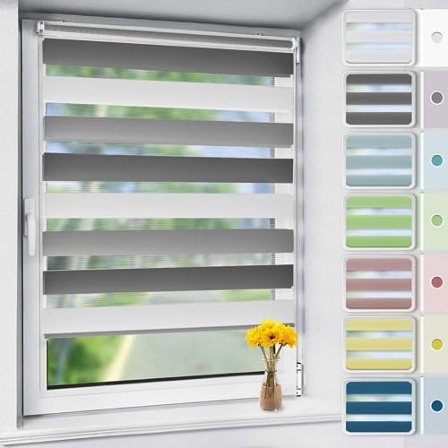 Vkele Doppelrollo Klemmfix ohne Bohren, 70x120cm(BxH) Weiß -grau-anthrazit, Duo Rollo Zebrarollo Fensterrollo für Fenster und Tür, Lichtdurchlässig Verdunkelnd, Seitenzugrollo Sonnenschutz Sichtschutz von Vkele