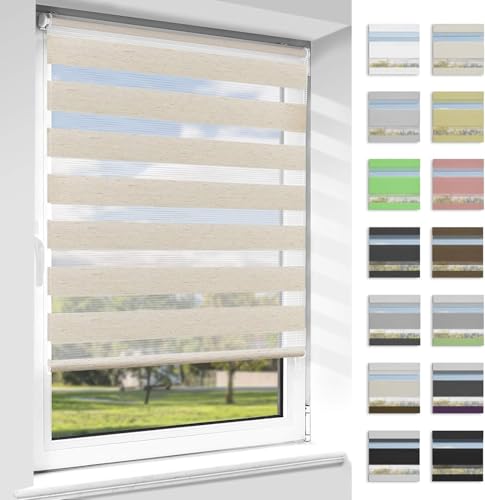 Vkele Doppelrollo Klemmfix ohne Bohren, 85x220cm(BxH) Leinen, Duo Rollo Zebrarollo Fensterrollo für Fenster und Tür, Lichtdurchlässig Verdunkelnd, Seitenzugrollo Sonnenschutz Sichtschutz von Vkele
