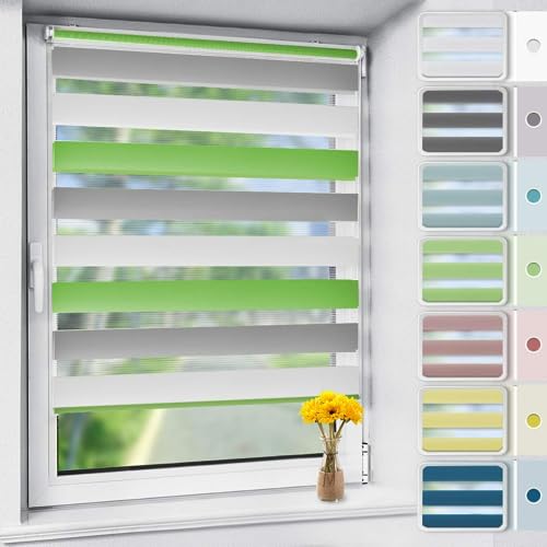 Vkele Doppelrollo Klemmfix ohne Bohren, 95x120cm(BxH) Grün-grau-weiß, Duo Rollo Zebrarollo Fensterrollo für Fenster und Tür, Lichtdurchlässig Verdunkelnd, Seitenzugrollo Sonnenschutz Sichtschutz von Vkele