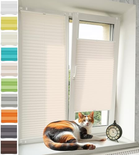 Vkele Plissee ohne Bohren Klemmfix – Faltrollo Jalousie Beige 105x130cm(BxH), Lichtdurchlässig & Blickdicht, Sonnenschutz & Sichtschutz, Easyfix Rollo für Fenster & Tür von Vkele