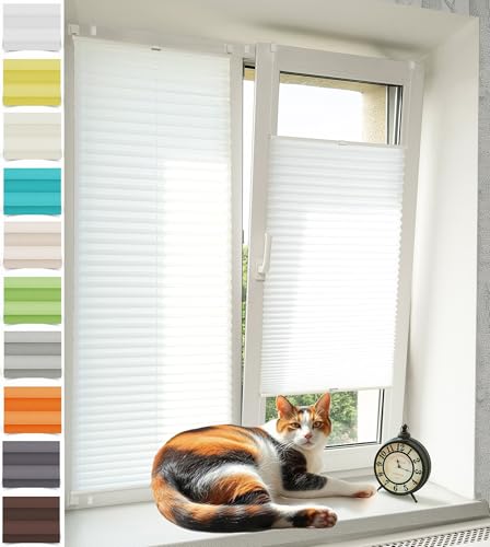 Vkele Plissee ohne Bohren Klemmfix – Faltrollo Jalousie Weiß 65x80cm(BxH), Lichtdurchlässig & Blickdicht, Sonnenschutz & Sichtschutz, Easyfix Rollo für Fenster & Tür von Vkele