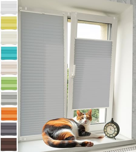 Vkele Plissee ohne Bohren Klemmfix – Faltrollo Jalousie Hellgrau 40x140cm(BxH), Lichtdurchlässig & Blickdicht, Sonnenschutz & Sichtschutz, Easyfix Rollo für Fenster & Tür von Vkele