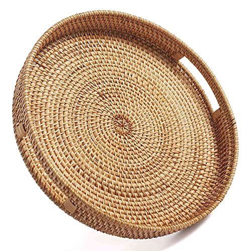 Vklopdsh Rundes Rattan Portion Tablett, Dekoratives Gewebtes Ottoman Tablett mit Griffen für Den Couchtisch, Natur (Klein) von Vklopdsh