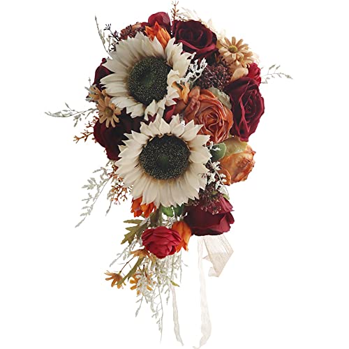 Vklopdsh Vintage Sonnenblume Hochzeit Brautstrauß für künstliche Burgunderrot Cascading Rustikale Wurf Bouquet für von Vklopdsh