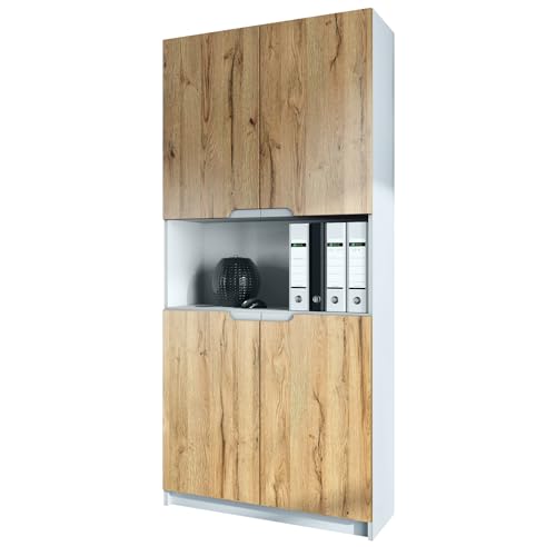 Vladon Büroschrank Logan V2, Made in Germany, Aktenschrank mit 5 Fächern und 4 Türen, Weiß matt/Eiche Natur (82 x 184 x 37 cm) von Vladon