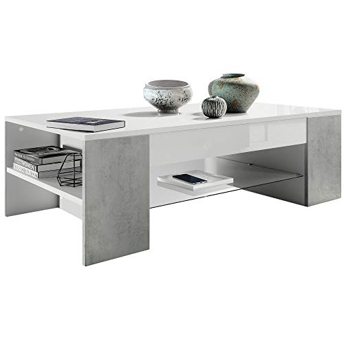 Vladon Couchtisch Clip, Made in Germany, Wohnzimmertisch mit 2 Seitenfächern und 1 Glasplatte, Weiß matt/Beton Oxid-Optik(118 x 37 x 60 cm) von Vladon