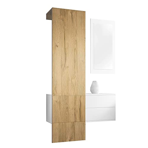 Vladon Garderobe Carlton Set 2, Made in Germany, Garderobenset bestehend aus 1 Garderobenpaneel, 1 Schubkastenschrank und 1 Wandspiegel, Weiß matt/Eiche Natur (105 x 193 x 35 cm) von Vladon