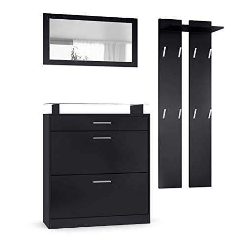 Vladon Garderobe Loret mini, Garderobenset bestehend aus 1 Schuhschrank, 1 Wandspiegel und 2 Garderobenpaneele, Schwarz matt/Schwarz matt von Vladon