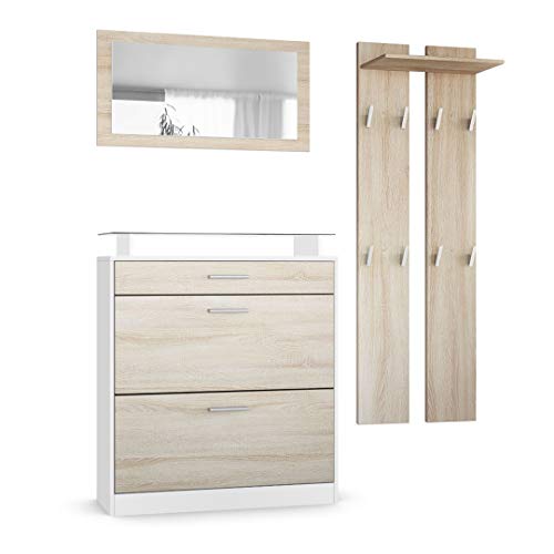 Vladon Garderobe Loret mini, Garderobenset bestehend aus 1 Schuhschrank, 1 Wandspiegel und 2 Garderobenpaneele, Weiß matt/Eiche Sägegrau Vladon Garderobe Loret mini, Garderobenset bestehend aus 1 Schuhschrank, 1 Wandspiegel und 2 Garderobenpaneele, Weiß matt/Eiche Sägegrau von Vladon