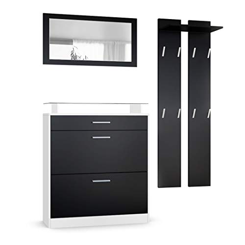 Vladon Garderobe Loret mini, Garderobenset bestehend aus 1 Schuhschrank, 1 Wandspiegel und 2 Garderobenpaneele, Weiß matt/Schwarz matt von Vladon