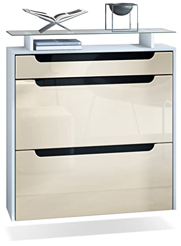 Vladon Schuhschrank Annie, Schuhkipper für 16 Paar Schuhe mit 2 Klappen, 1 Schublade und Glasablage, Weiß matt/Creme Hochglanz/Schwarz Hochglanz (89 x 96 x 23 cm) von Vladon