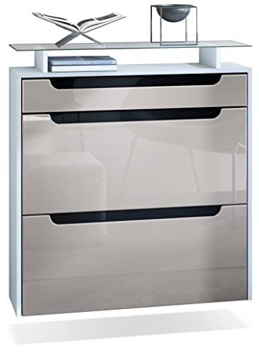 Vladon Schuhschrank Annie, Schuhkipper für 16 Paar Schuhe mit 2 Klappen, 1 Schublade und Glasablage, Weiß matt/Sandgrau Hochglanz/Schwarz Hochglanz (89 x 96 x 23 cm) von Vladon