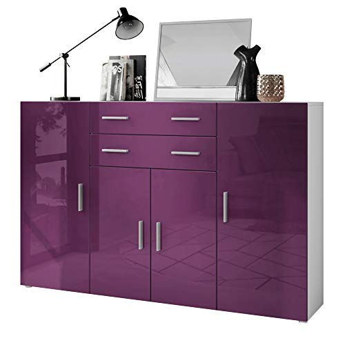 Vladon Highboard Aron Anrichte mit 2 Schubladen und 4 Türen mit insgesamt 8 Fächer dahinter, Weiß matt/Brombeer Hochglanz (166,5 x 106,5 x 35 cm) von Vladon