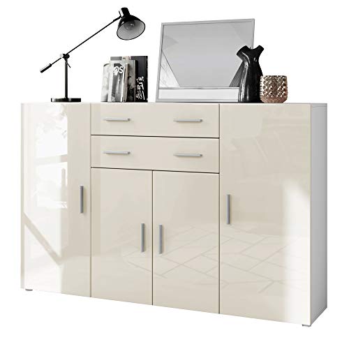 Vladon Highboard Aron Anrichte mit 2 Schubladen und 4 Türen mit insgesamt 8 Fächer dahinter, Weiß matt/Creme Hochglanz (166,5 x 106,5 x 35 cm) von Vladon